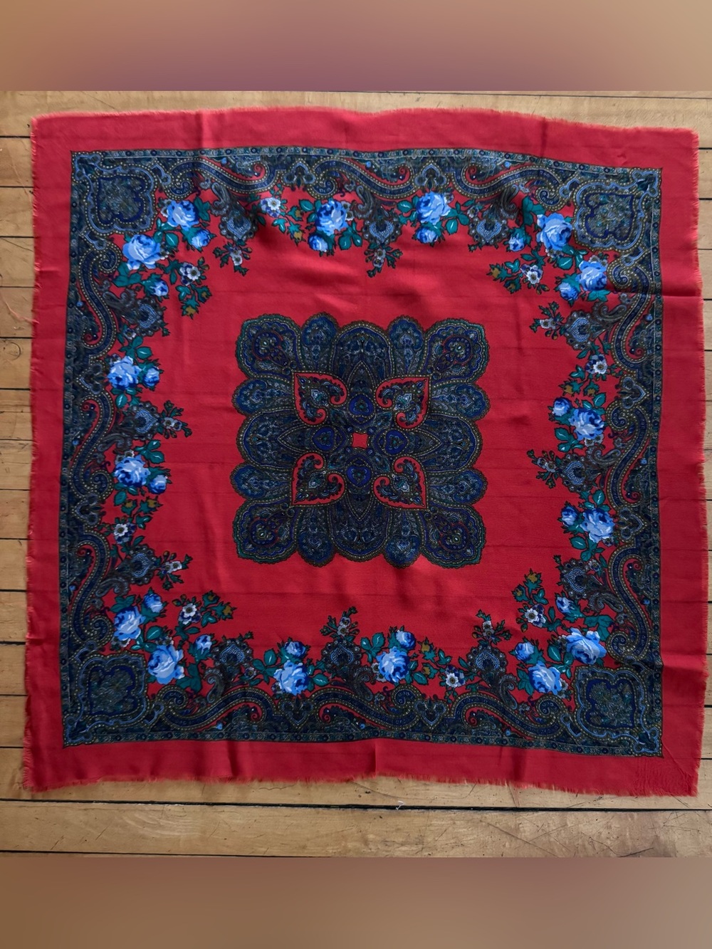 Vintage large square scarf with fringe orange blue gold paisley made in Japan